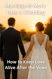 A married couple walking hand in hand at sunset, symbolizing lasting love after the wedding day.