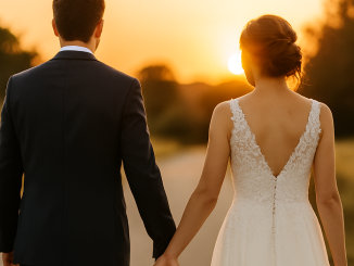 A married couple walking hand in hand at sunset, symbolizing lasting love after the wedding day.