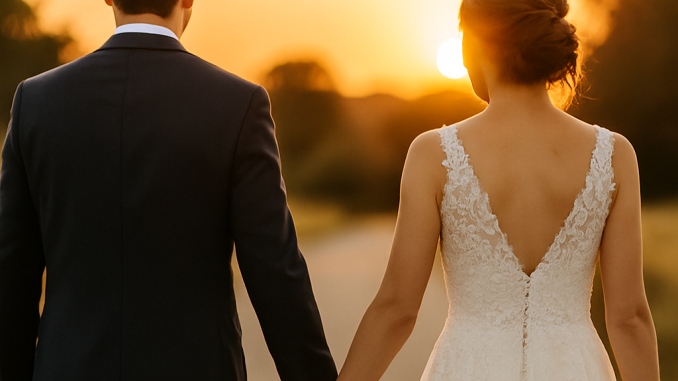 A married couple walking hand in hand at sunset, symbolizing lasting love after the wedding day. A married couple walking hand in hand at sunset, symbolizing lasting love after the wedding day.